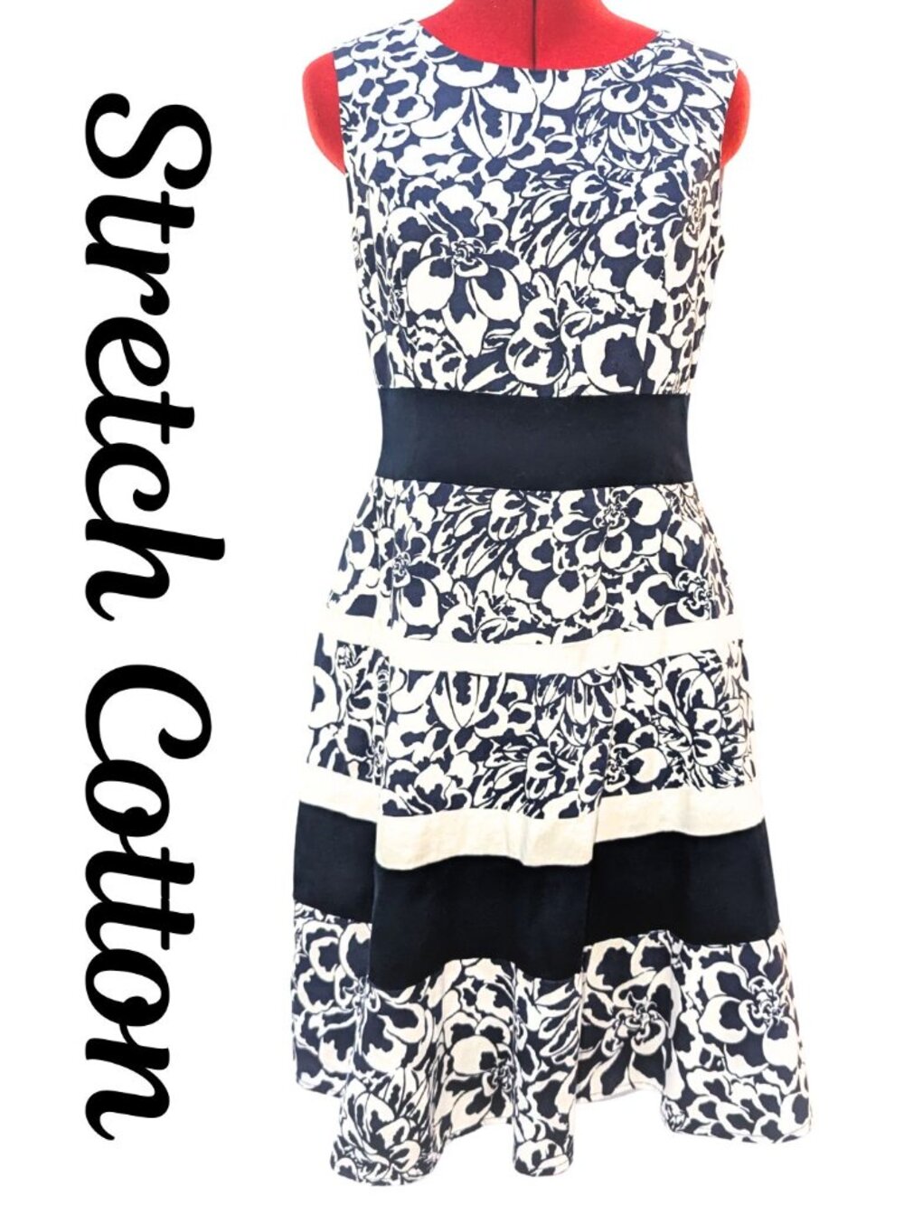 Anne Klein Navy & White Stretch Cotton Floral Dress